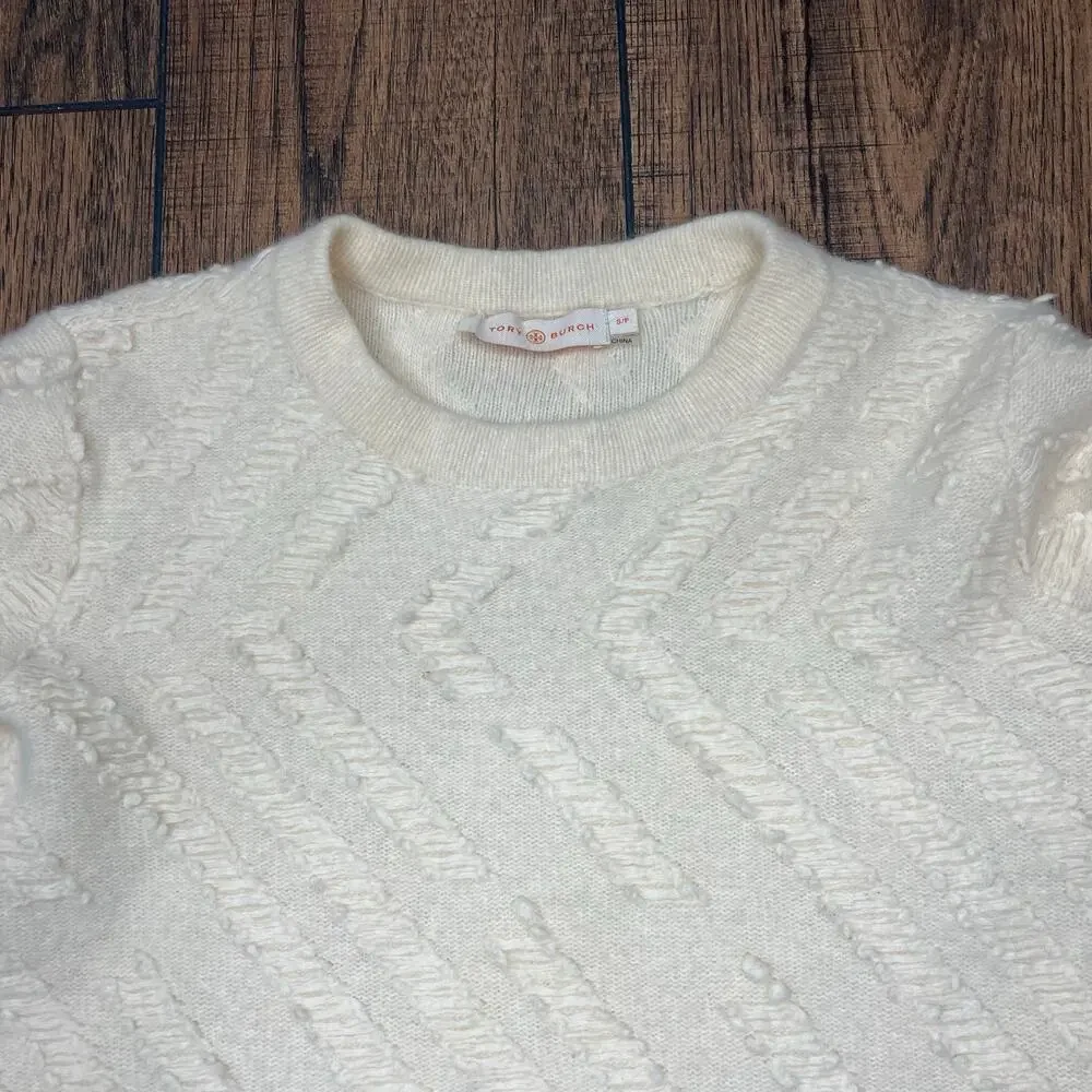 Tory Burch Ivory Textured‎ Chevron Wool Sweater Crewneck Women's S/P Old Money